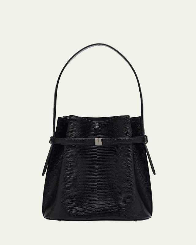Belted Lizard-Embossed Leather Bucket Bag